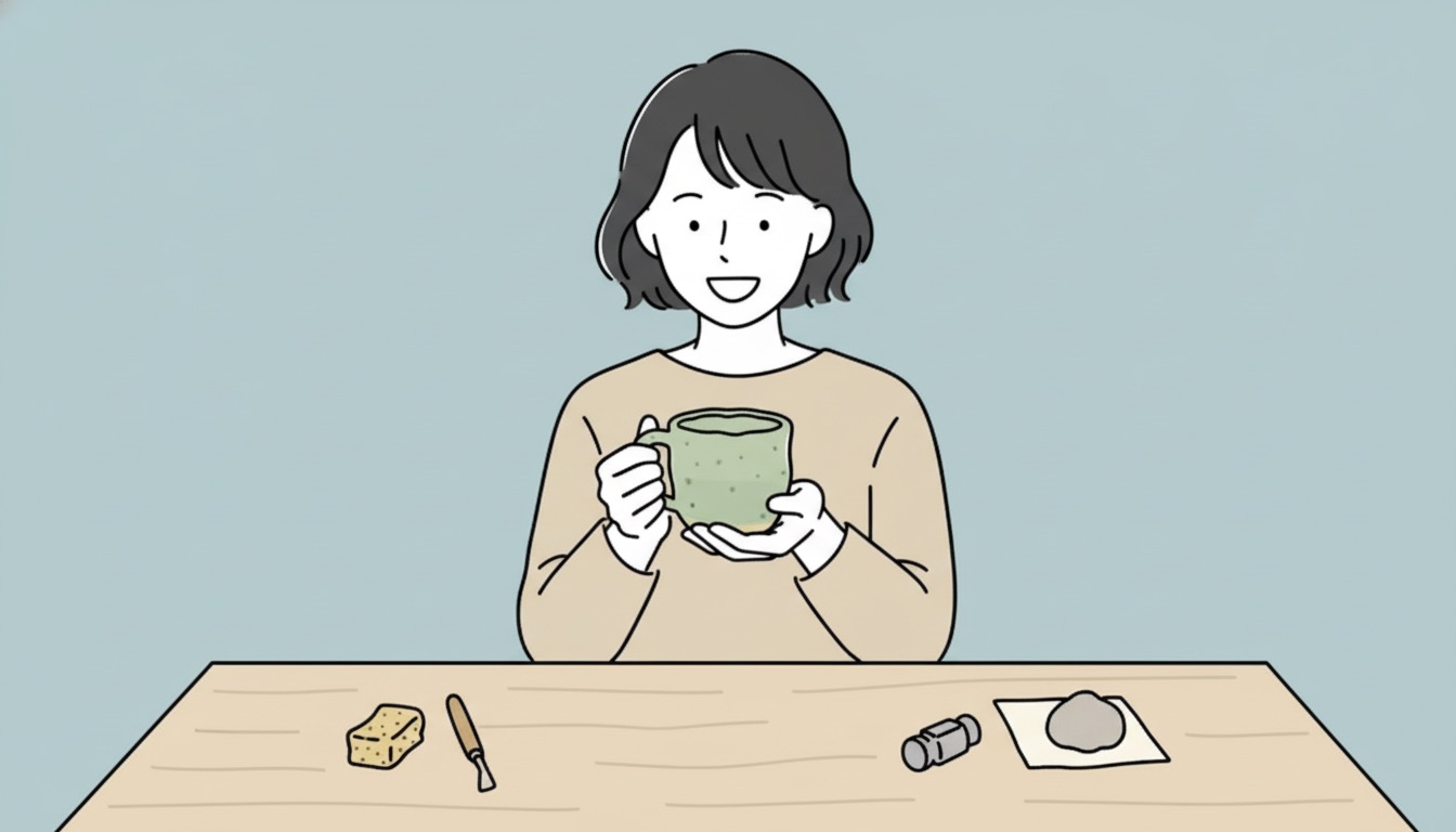 革細工でステッチを縫う初心者の手元。少し曲がっているが、一針一針丁寧に進めている