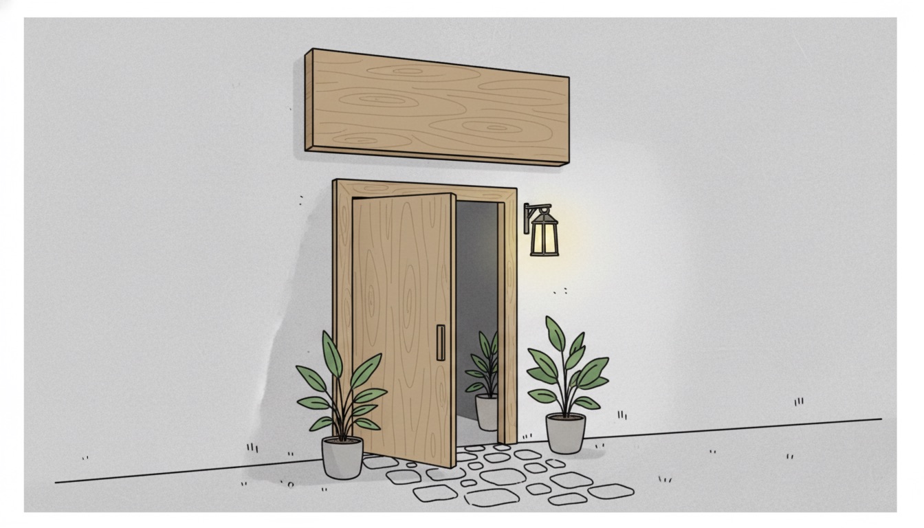 体験工房の入口に立つ初めての参加者。扉の向こうには温かな光と作業台が見える