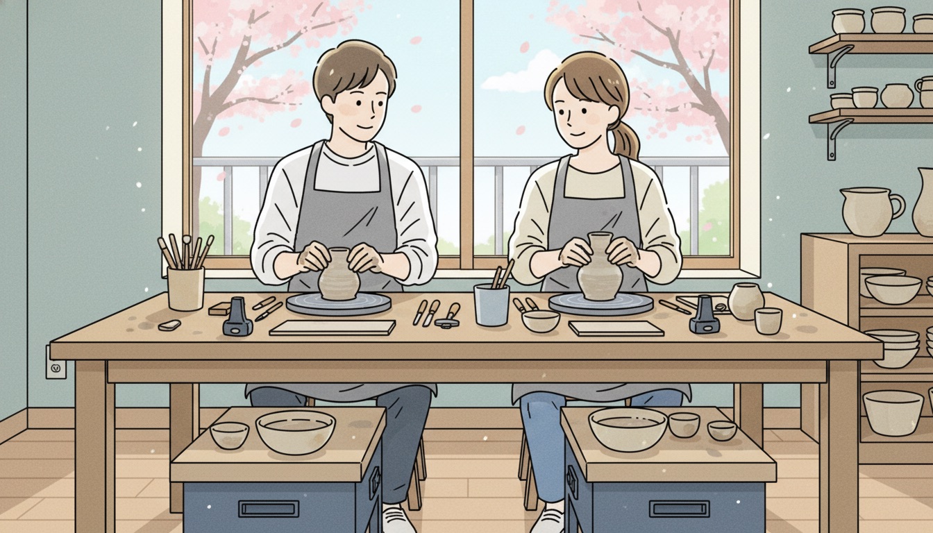 ペアリング制作体験で隣り合って作業するカップル。お互いの作品を見せ合う温かな場面