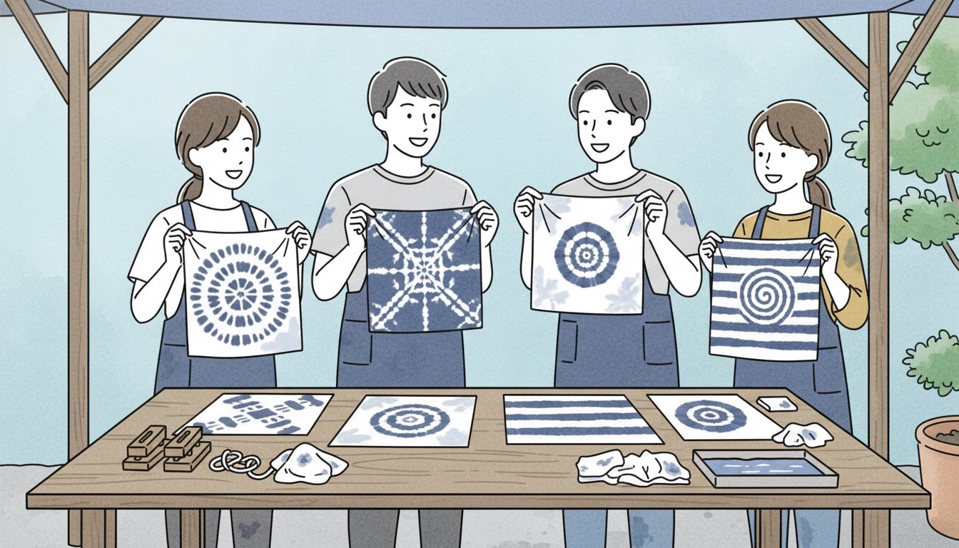 友人グループで藍染め体験を楽しむ様子。それぞれ異なる模様に仕上がった作品を広げている