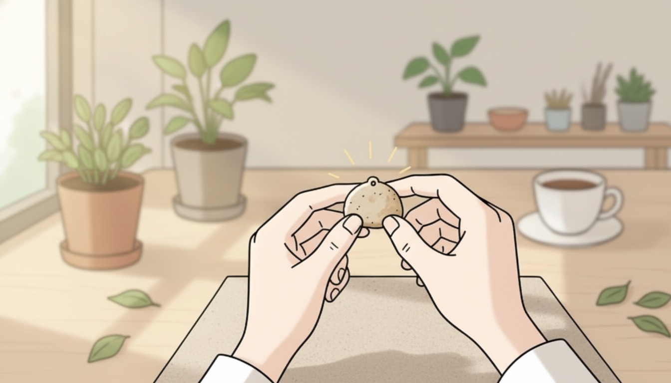 春の日差しの中、体験工房から持ち帰った手作りの作品を眺める手元。GWの思い出が形として残る