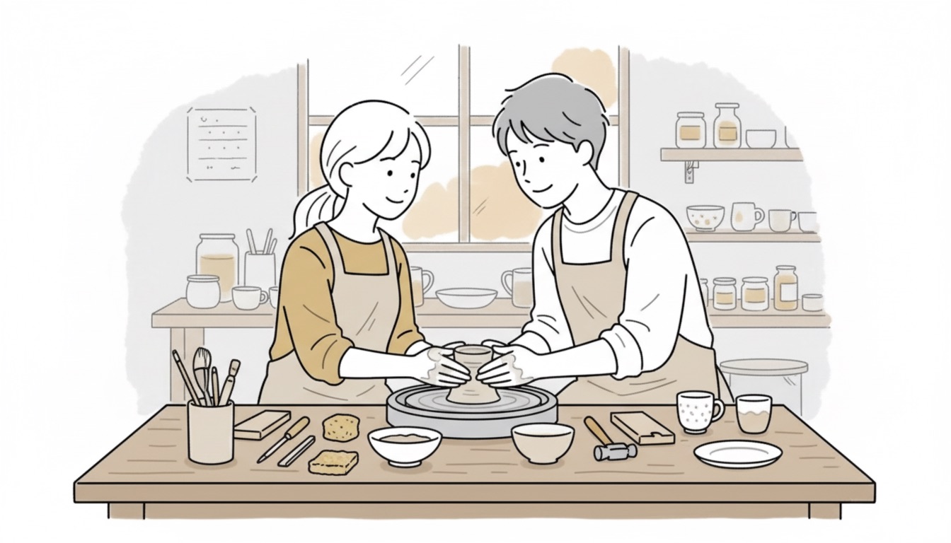 陶芸教室で向き合う二人。素朴だが温かみのある、日常の中の特別な時間