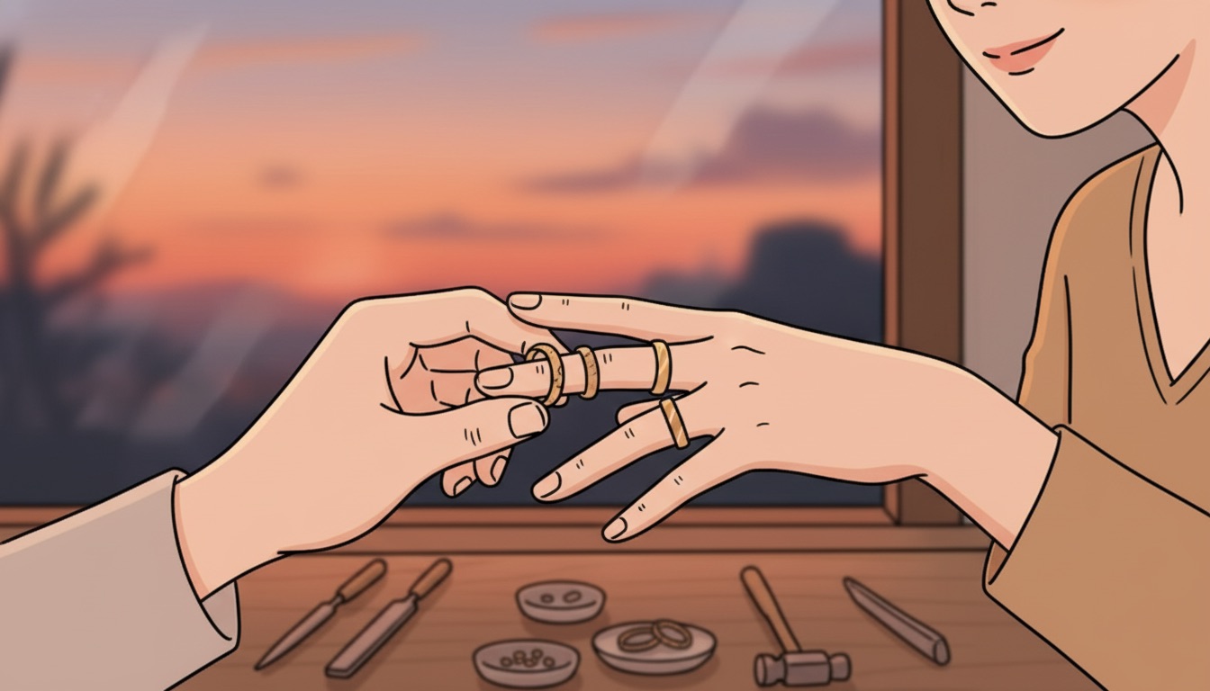 夕暮れの光の中、完成した手作りのリングを指にはめて眺める手元。小さなハレの日の余韻