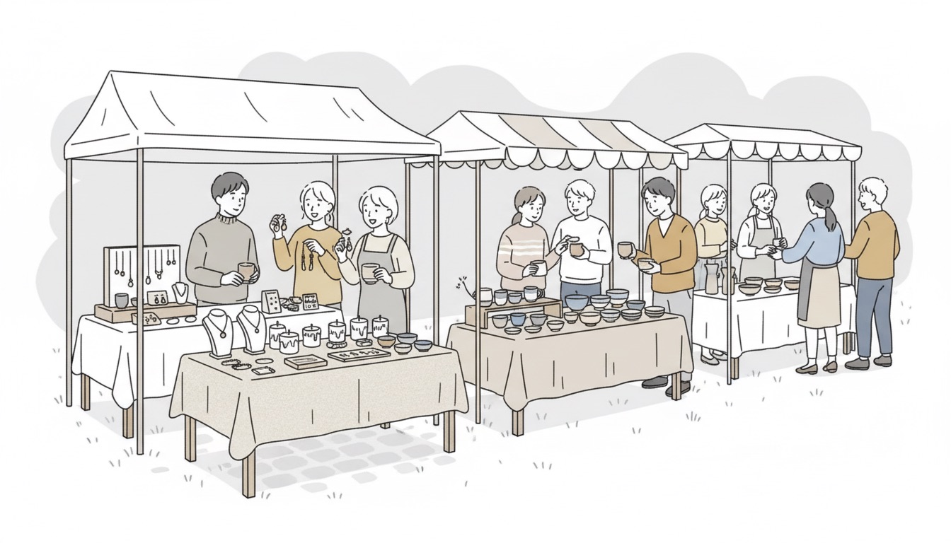 ハンドメイドマルシェの会場でアクセサリーや手作り雑貨が並ぶ明るいイベントのイラスト