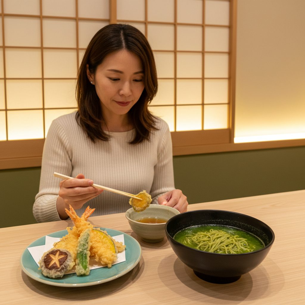 Gion Tempura Ramen KIRAKU 抹茶スープと天ぷらが並ぶ一杯