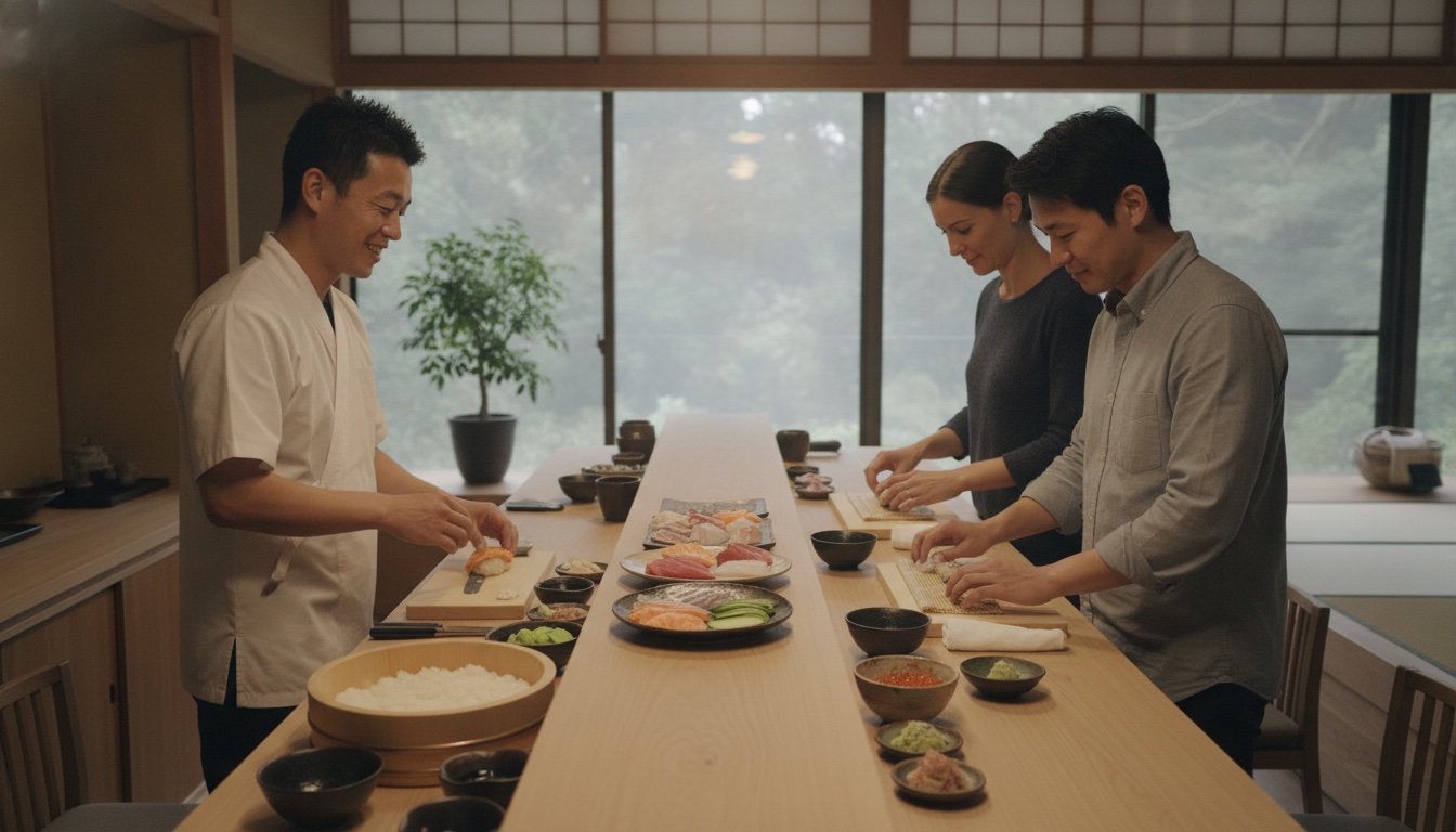 Prepared ingredients and a sushi counter in a calm villa-style Hakone setting
