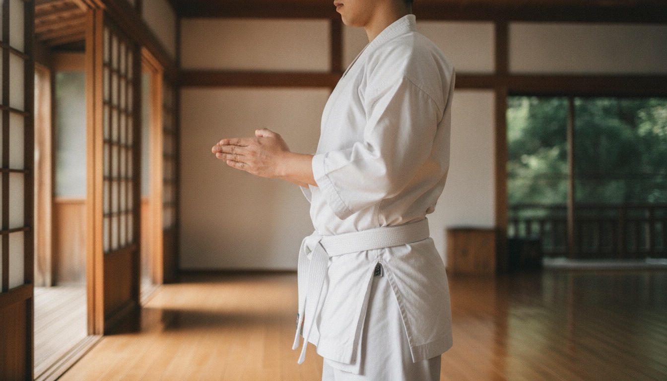 Quiet dojo setting in Hakone with karate practice details and a shrine-linked atmosphere
