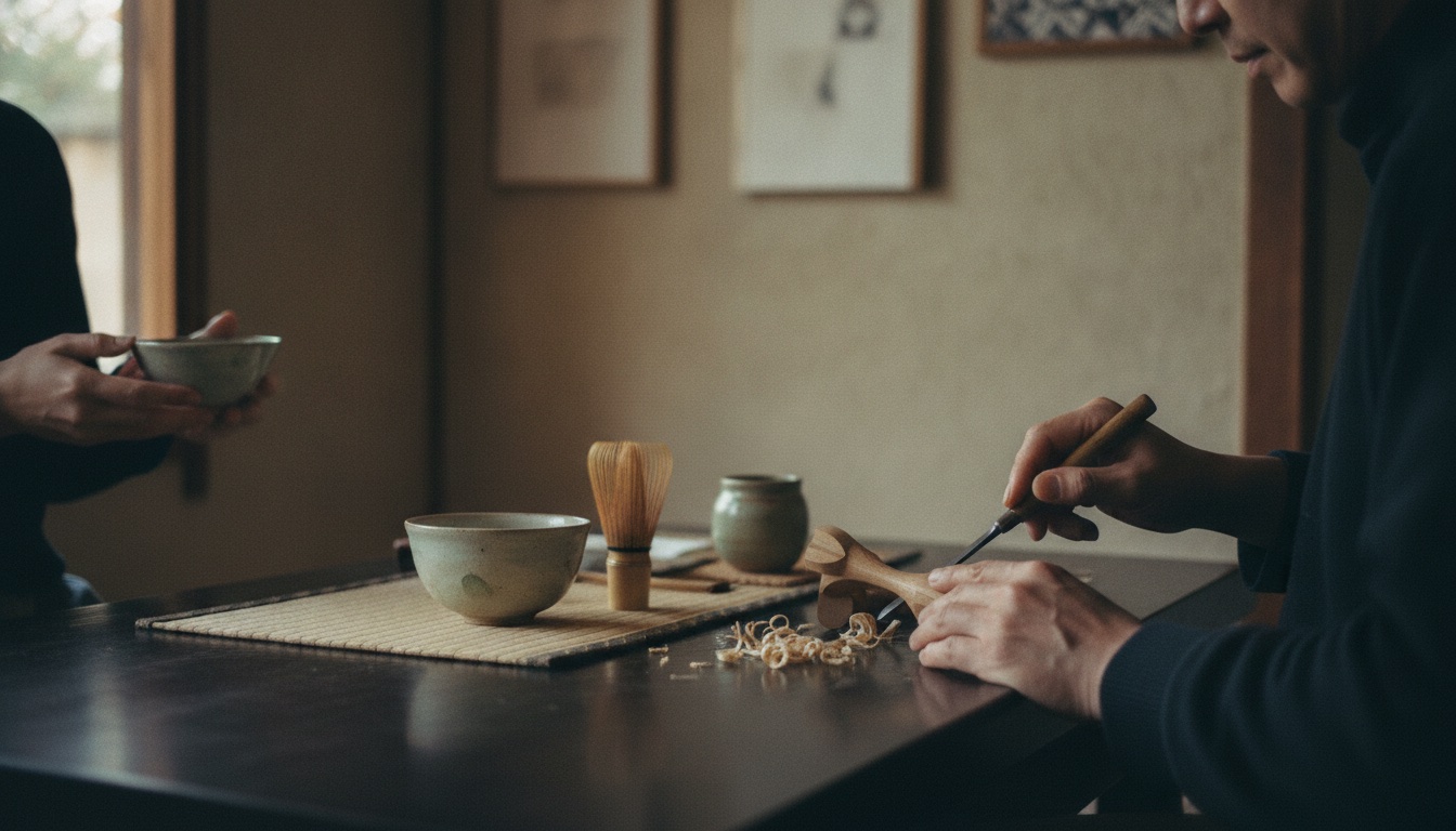 Tea utensils, carved wood details, and a calm Hida Takayama tearoom atmosphere