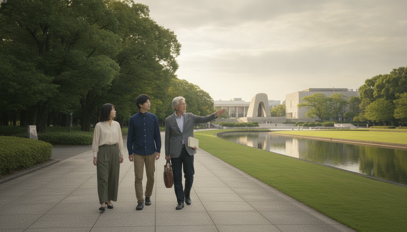 Guided walking route through Hiroshima Peace Memorial Park and its surrounding memorial landscape