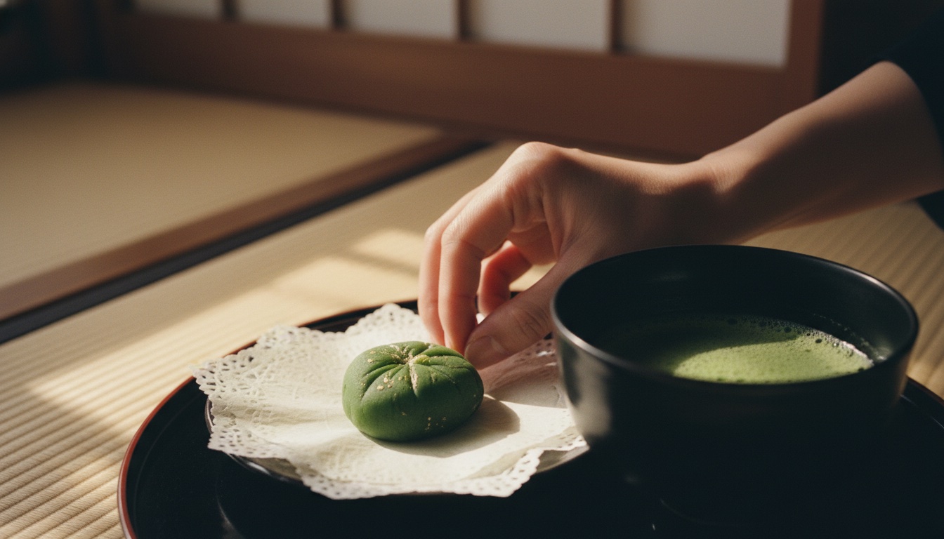Quiet temple atmosphere with tea elements and soft light on Miyajima