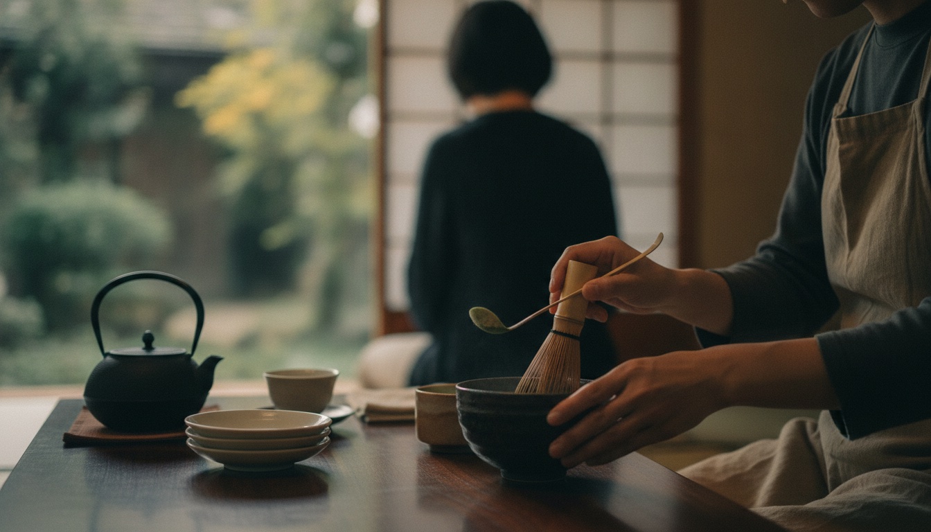 Quiet Zen garden paths and tea elements in a contemplative Hiroshima setting