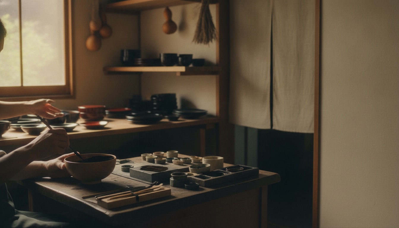 Hands examining lacquerware pieces in a quiet traditional Hiroshima workshop