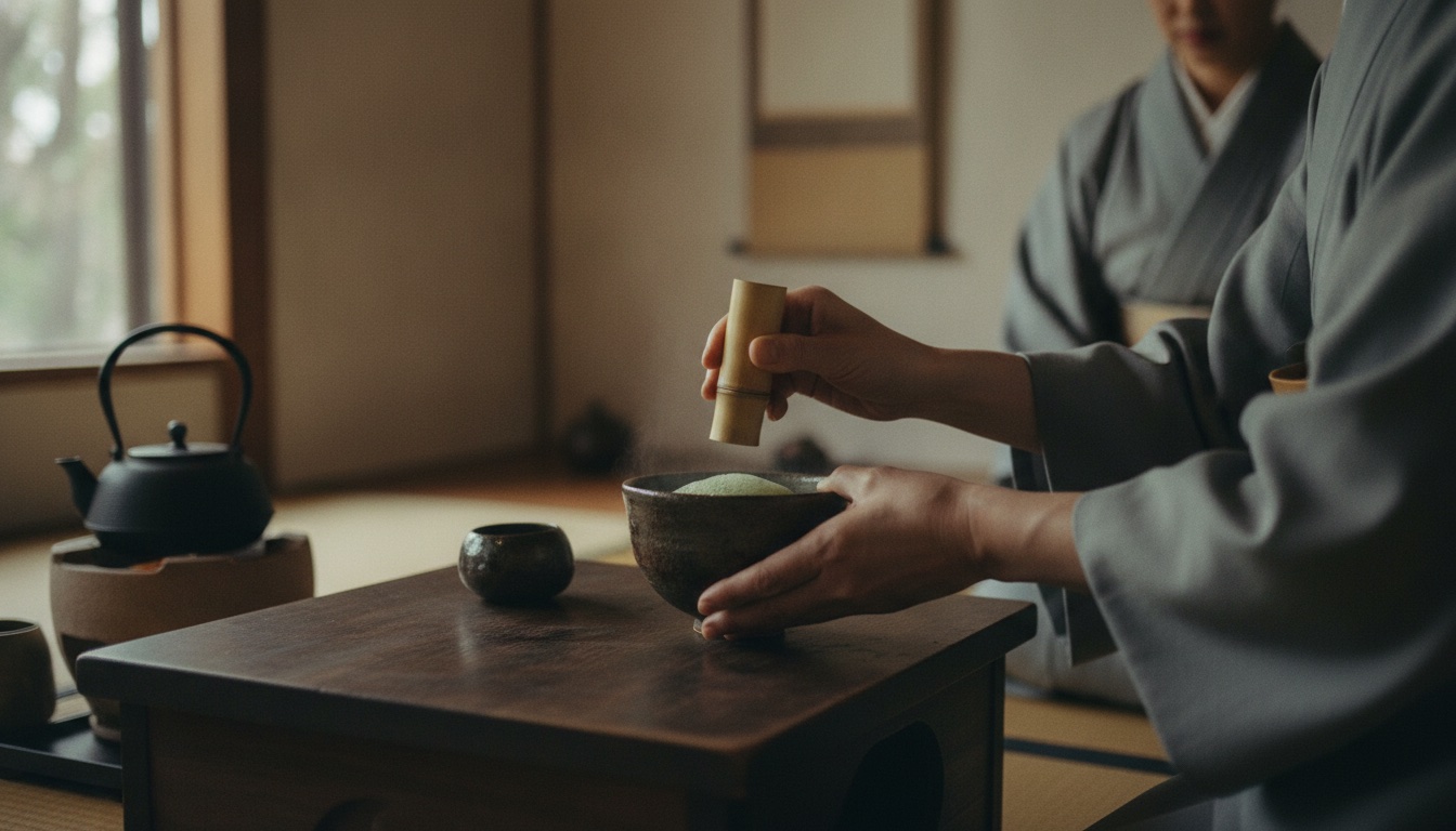 Tea ceremony utensils arranged in a calm room near Miyajima