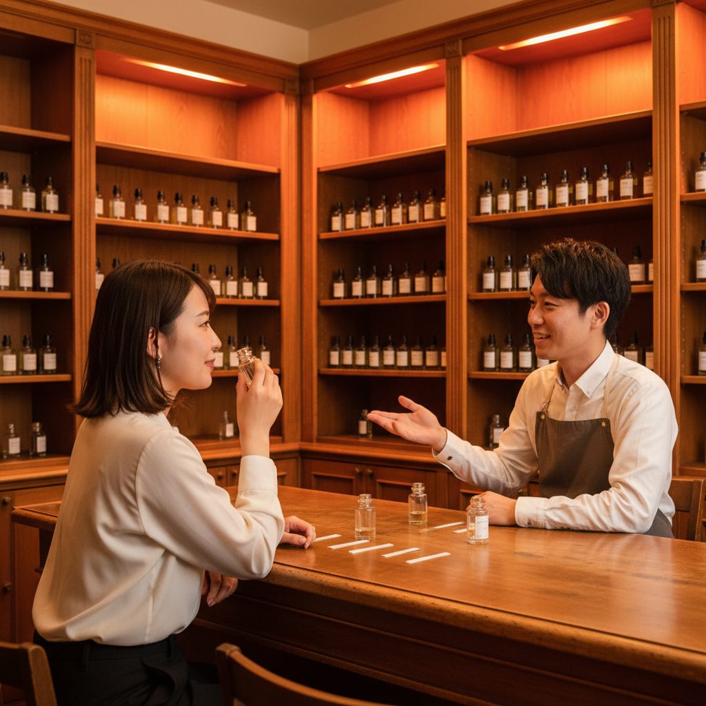 HUGONIST新栄本店 香料棚を前にスタッフと会話する女性