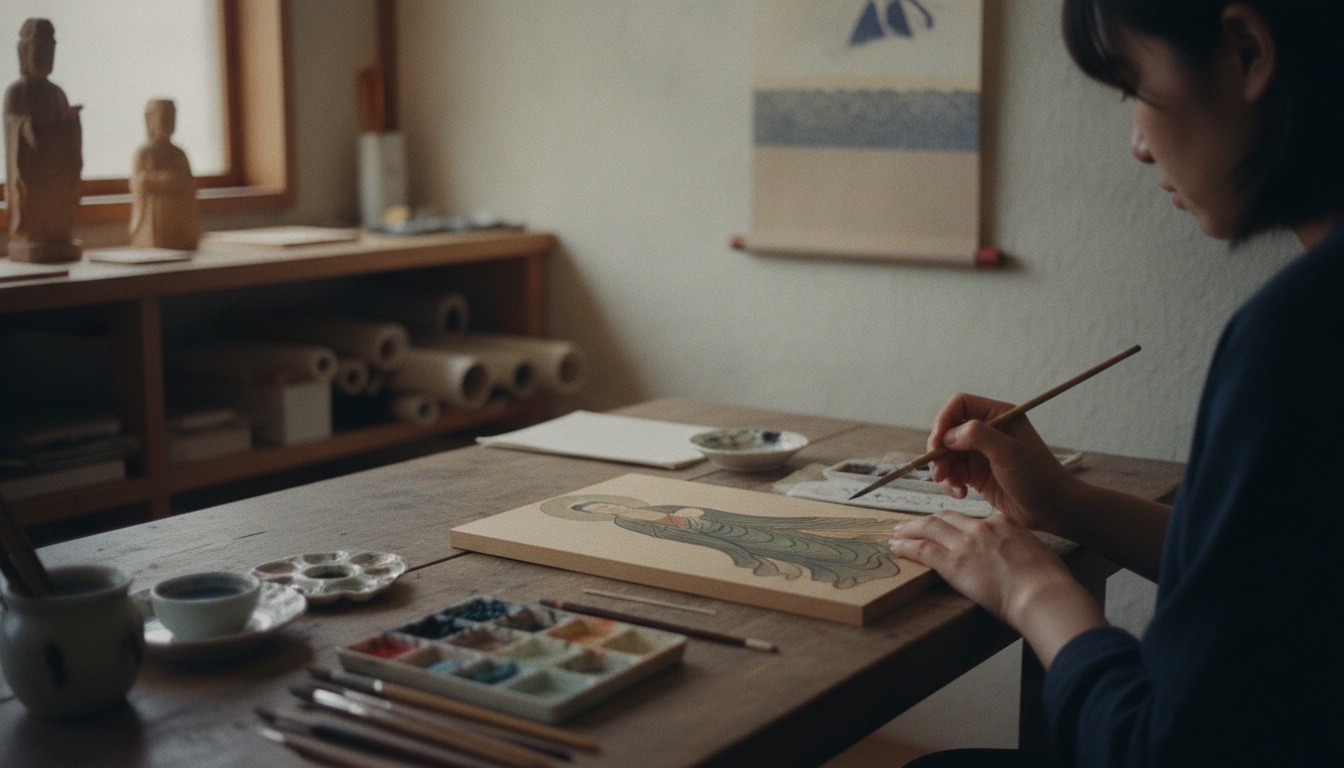 Quiet Kamakura studio setting with brushes, devotional painting materials, and a contemplative art atmosphere