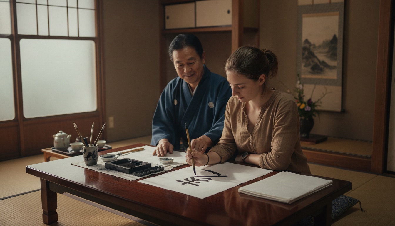 Inkstone, brush, and white paper arranged in a quiet traditional room in Kamakura