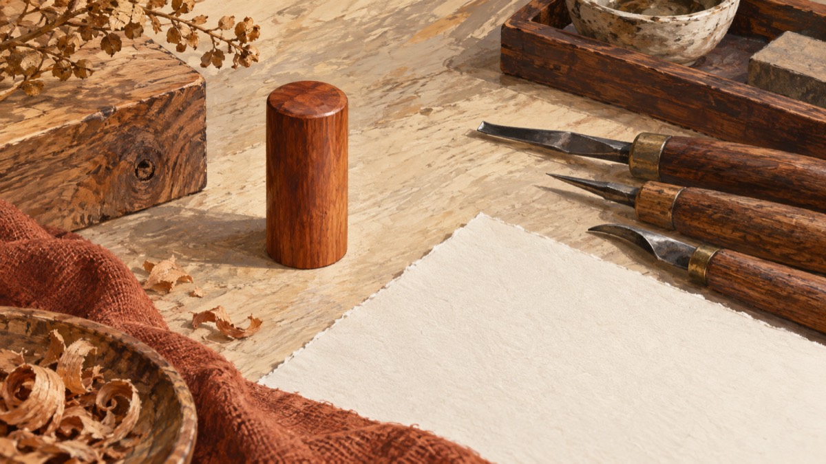 Illustration of a plain wooden seal and engraving tools