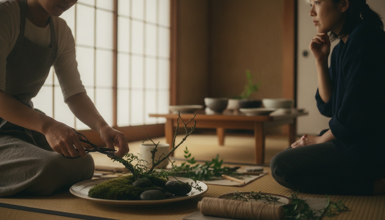 Seasonal flowers and ikebana tools arranged in a quiet Kamakura atelier