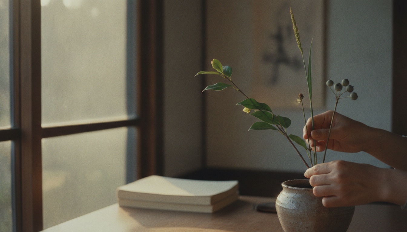 Hands arranging seasonal flowers in a quiet Kamakura atelier