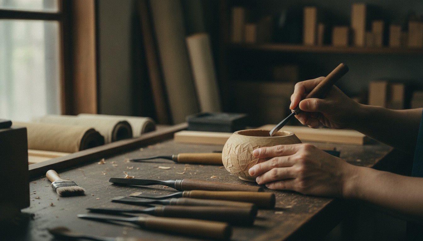 Carving tools and a lacquerware work surface prepared for a Kamakura-bori workshop