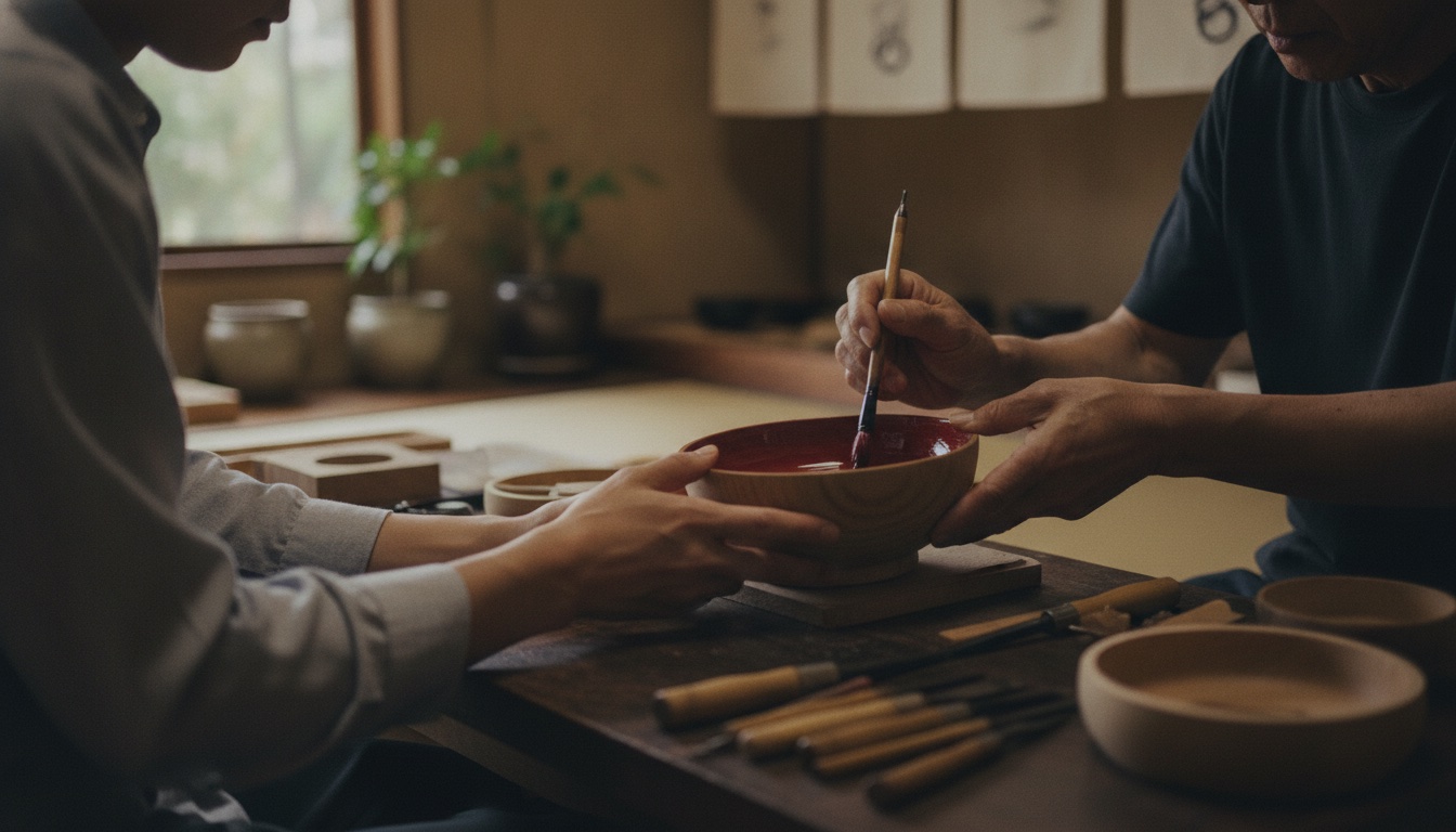 Lacquer tools and a wooden bowl prepared for a Kamakura-bori workshop in a quiet studio