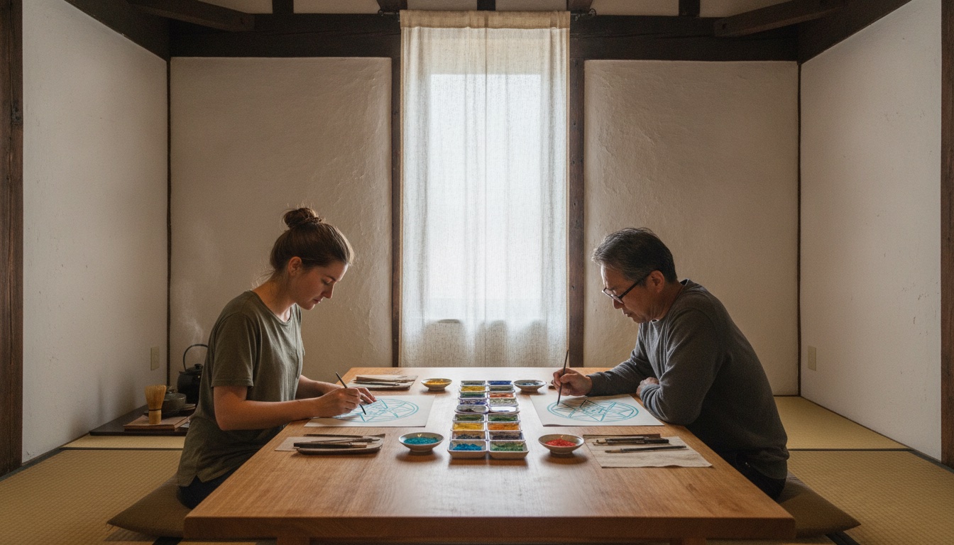 Quiet brushes, pigments, and tea utensils inside a restored Kamakura storehouse