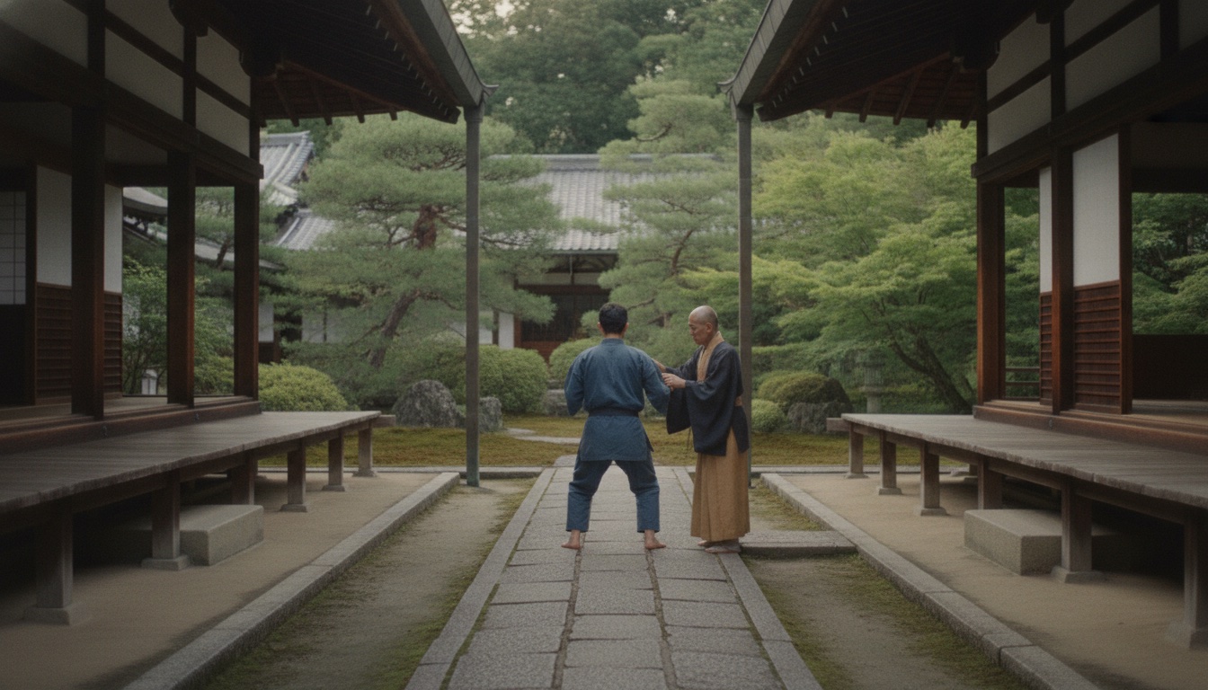 Stylized temple grounds and martial arts practice scene in a serene Kamakura Zen setting