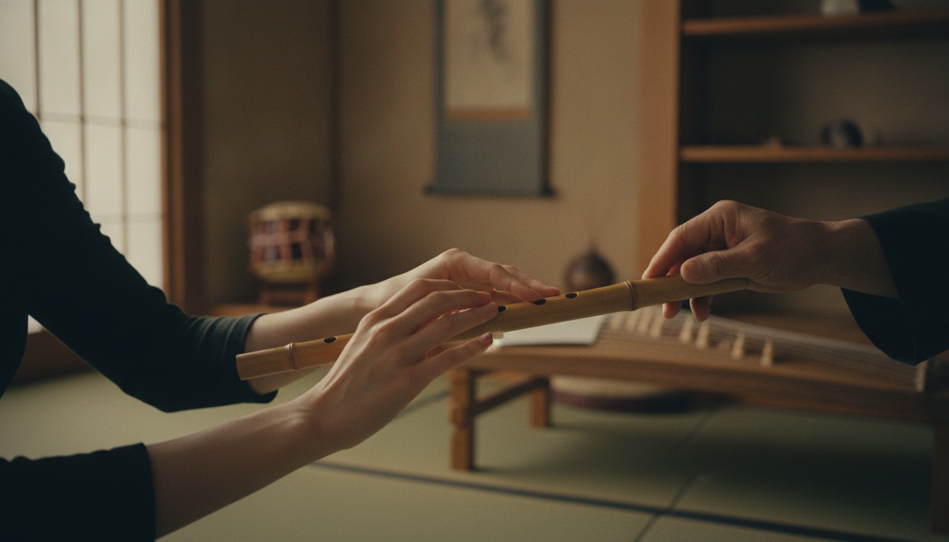 Serene Kamakura interior with bamboo flute, Japanese instruments, and soft natural light