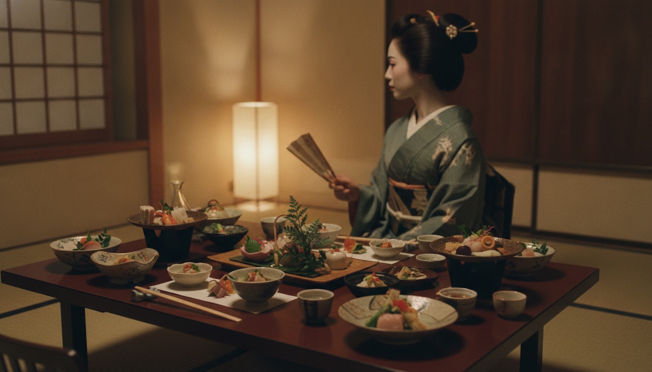 Elegant dining table and teahouse atmosphere prepared for an evening geisha gathering in Kanazawa