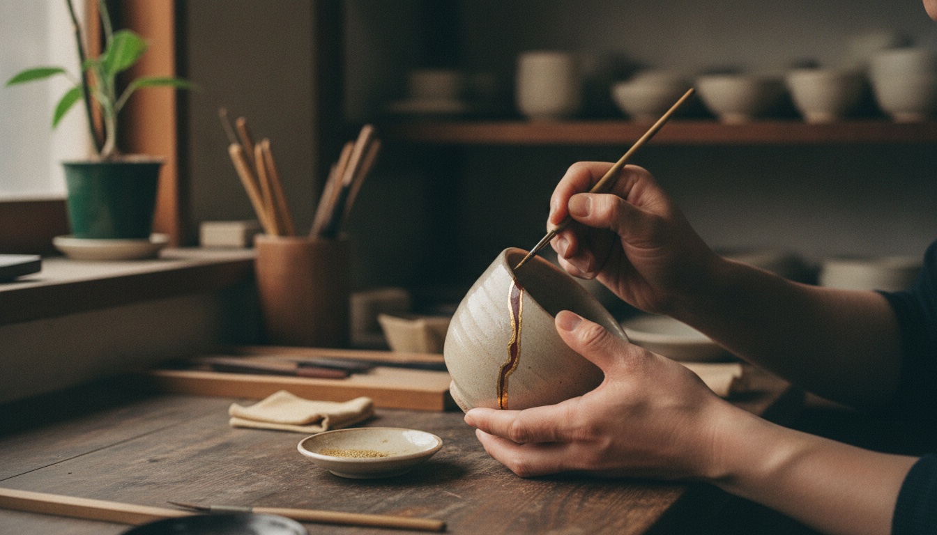 Traditional kintsugi tools and lacquerware repair materials prepared in a Kanazawa workshop