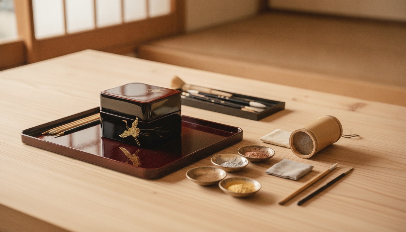 Lacquerware decoration tools and a partially finished maki-e piece in a Kanazawa craft setting