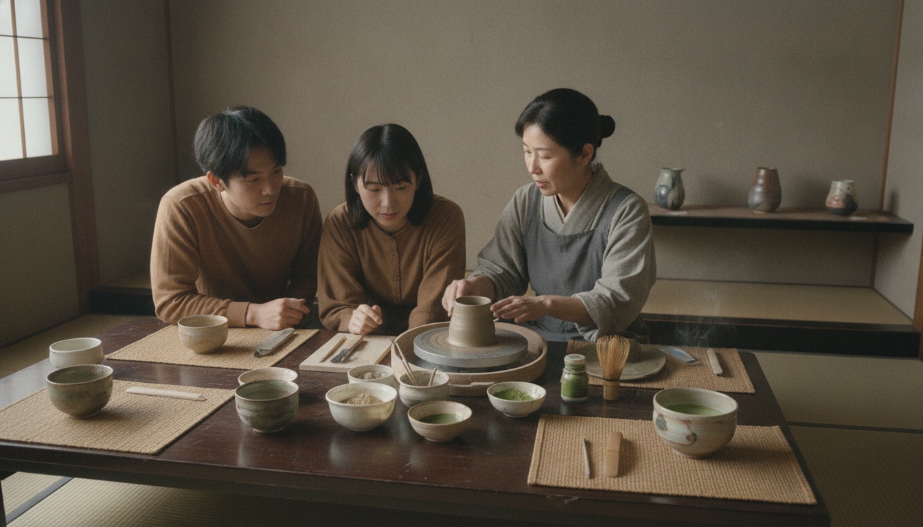 Warm-toned tea bowls and ceramics displayed in a refined museum-like setting