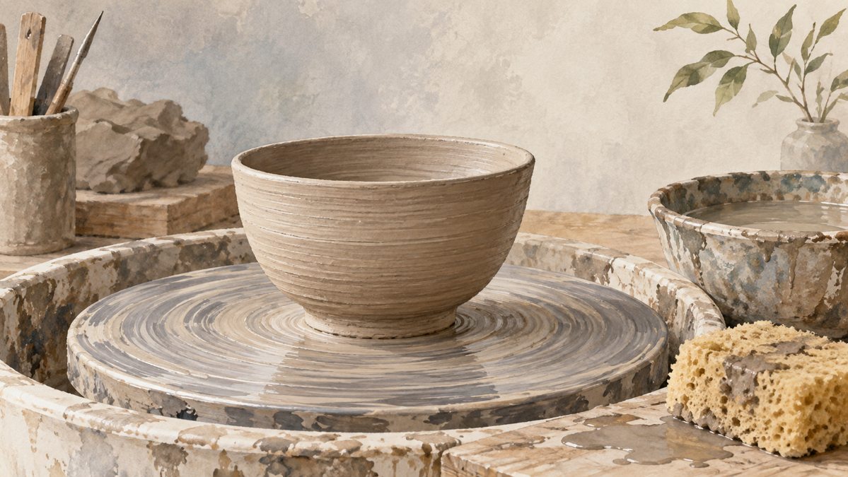 Illustration of an unglazed clay bowl on a pottery wheel