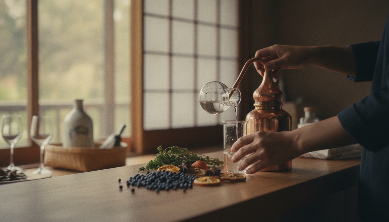 Craft gin glasses, botanicals, and a refined dinner-table atmosphere in Kanazawa