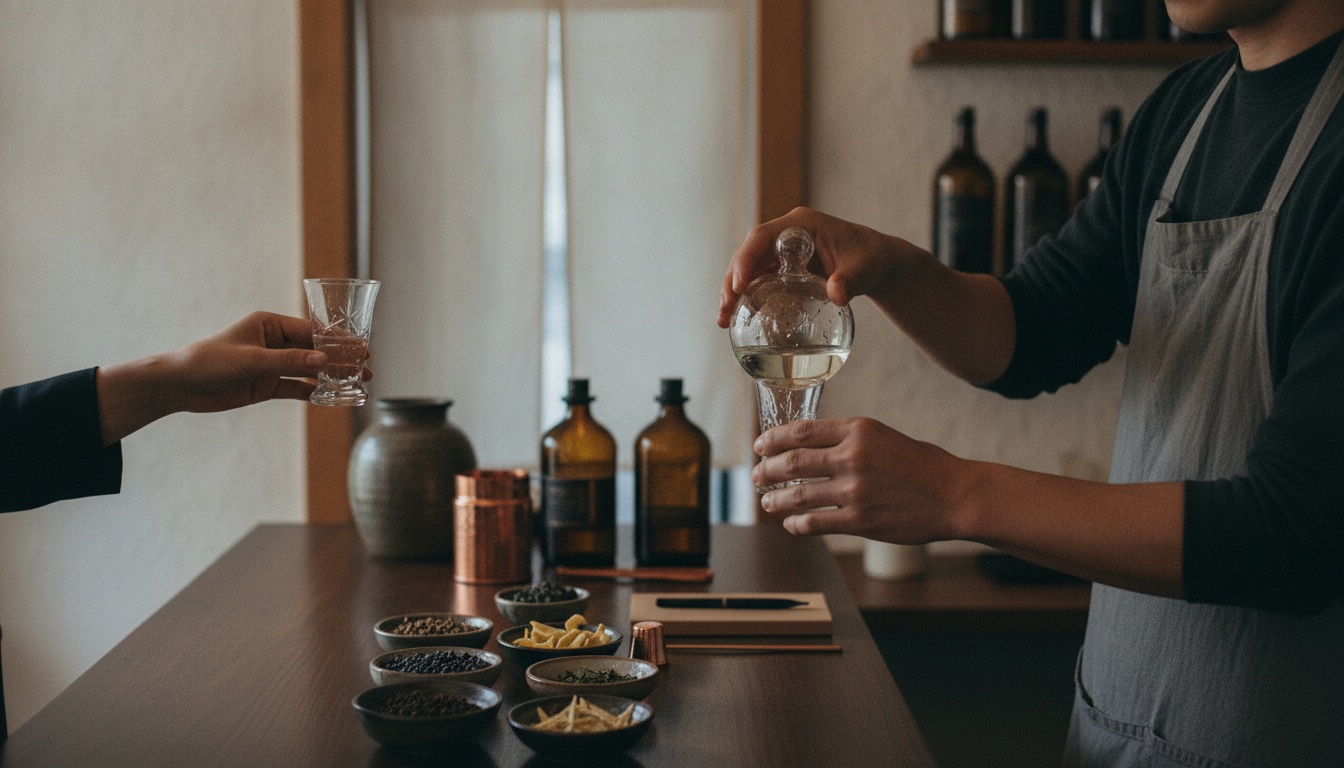 Craft gin glasses and botanical ingredients arranged in a calm Kanazawa distillery setting