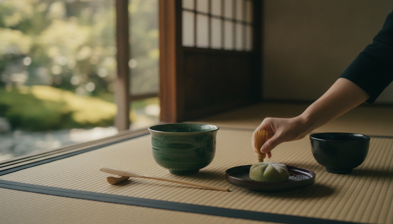 Historic tea room atmosphere with matcha, wagashi, and refined tea utensils in Kanazawa