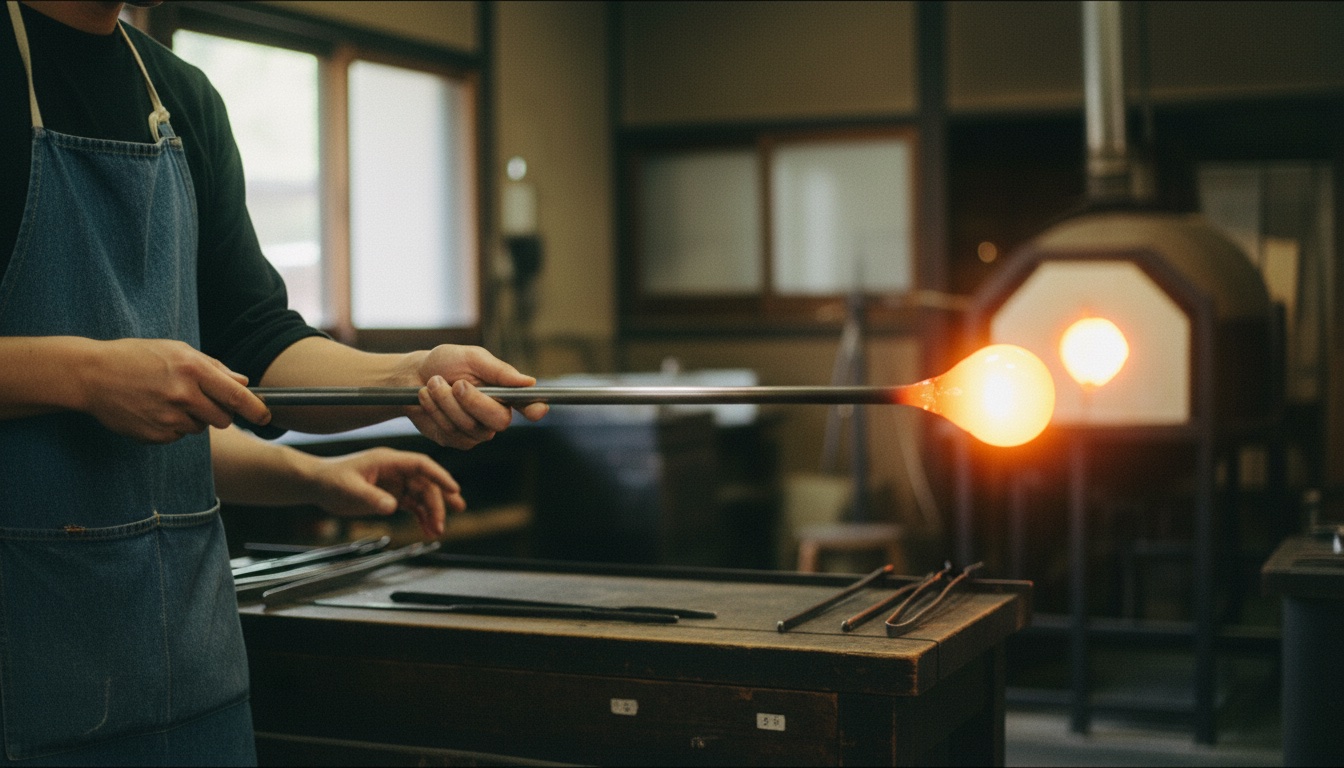 Hot glassblowing in progress at Kawagoe Aoi-tori studio