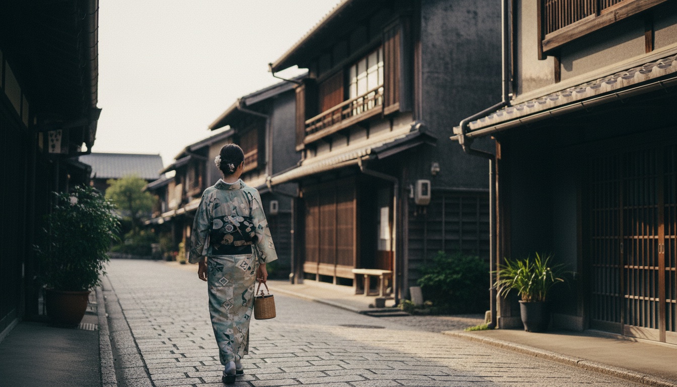 A traveler in a Kawagoe kimono walking past a kurazukuri warehouse on Saiwaicho street