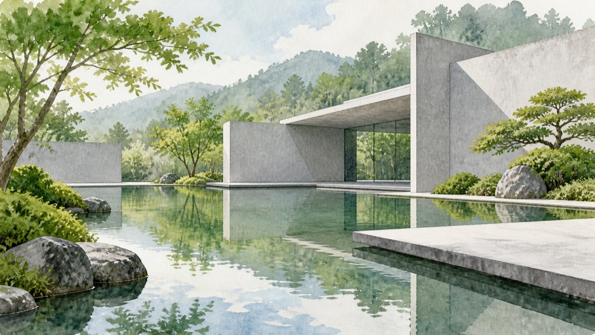 Conceptual illustration of modernist concrete forms and a reflecting garden