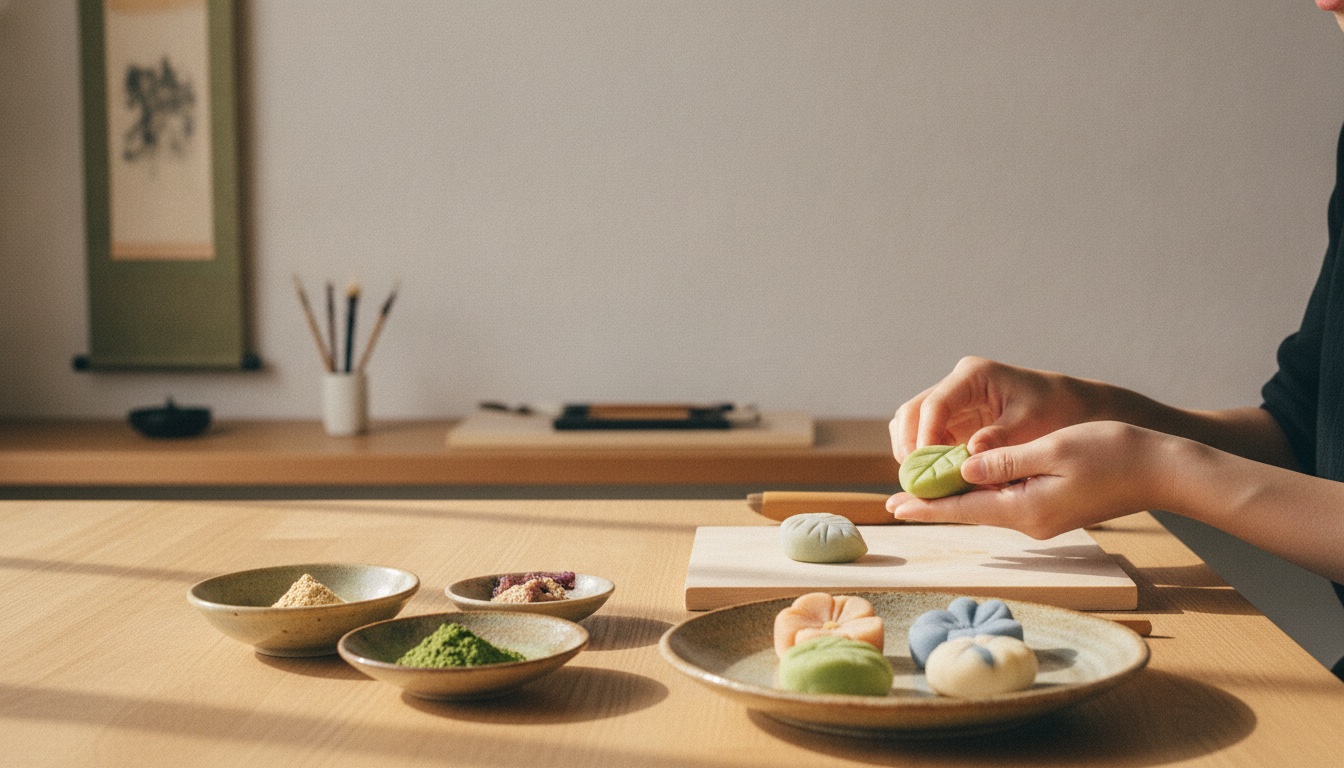 Refined wagashi and tea presented in an elegant Kyoto hotel setting