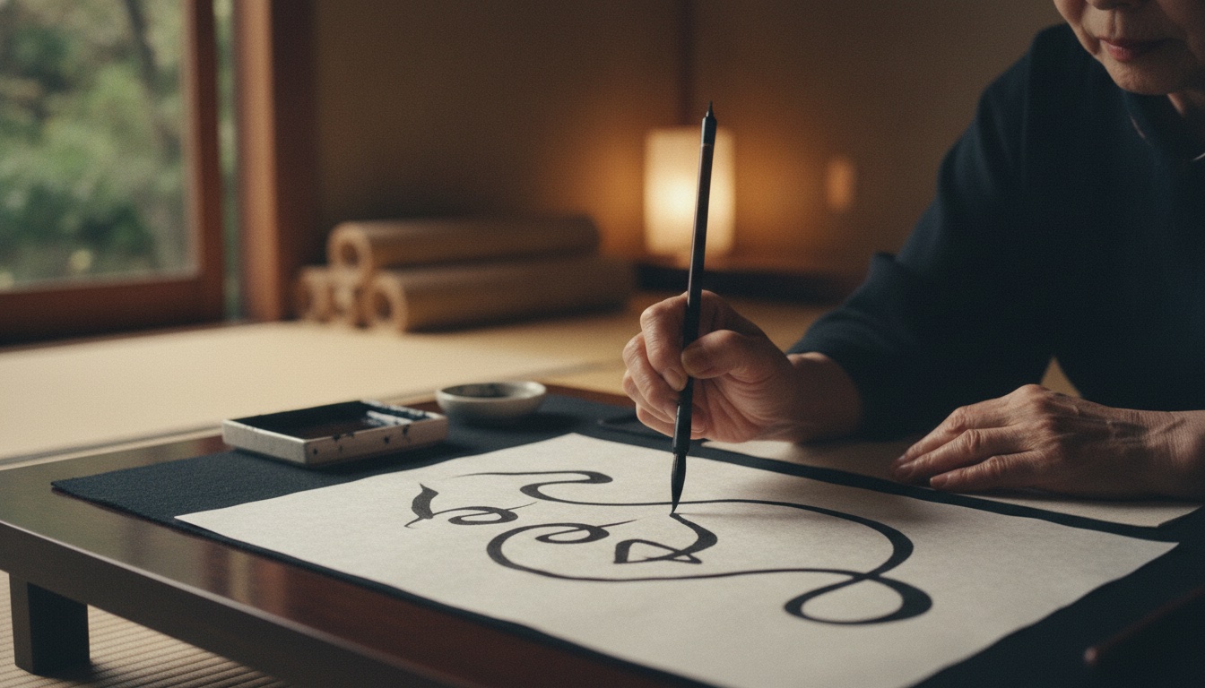 Flowing kana calligraphy tools arranged in a calm Kyoto writing setting