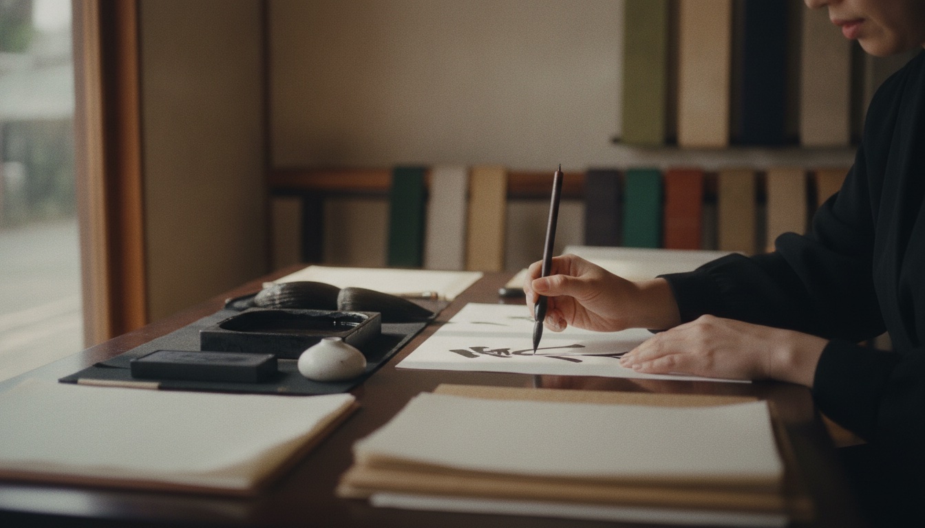Brush, ink, and paper prepared for a quiet calligraphy lesson in Kyoto
