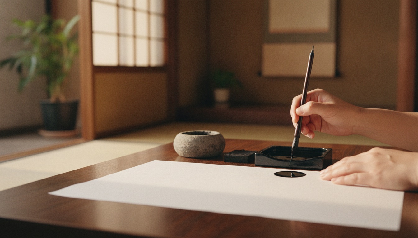 A brush and ink calligraphy setup inside a calm Kyoto townhouse