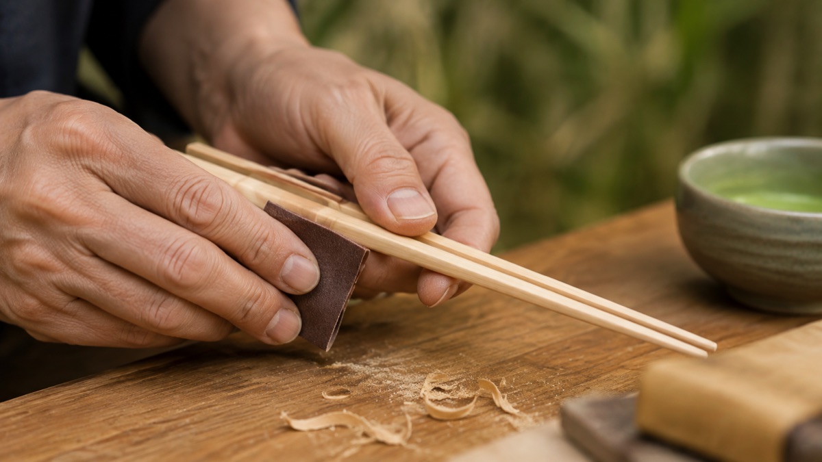 Hands smoothing bamboo chopsticks on a workbench; illustrative scene