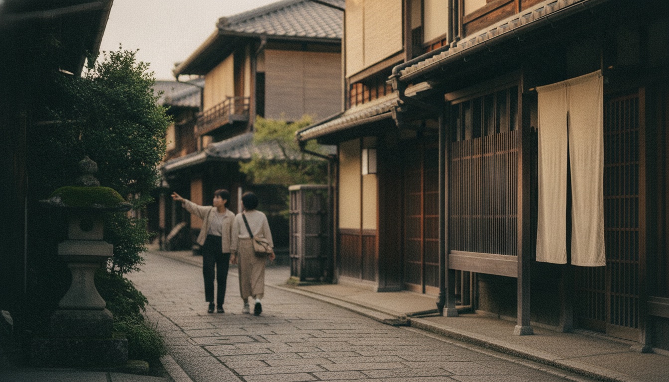 A quiet Kyoto streetscape with traditional architecture and a refined lunch atmosphere