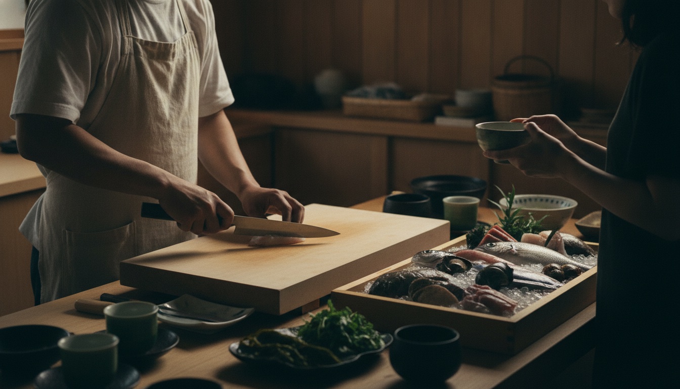 Quiet Kyoto market corridor with seafood displays and a guide explaining ingredients to guests