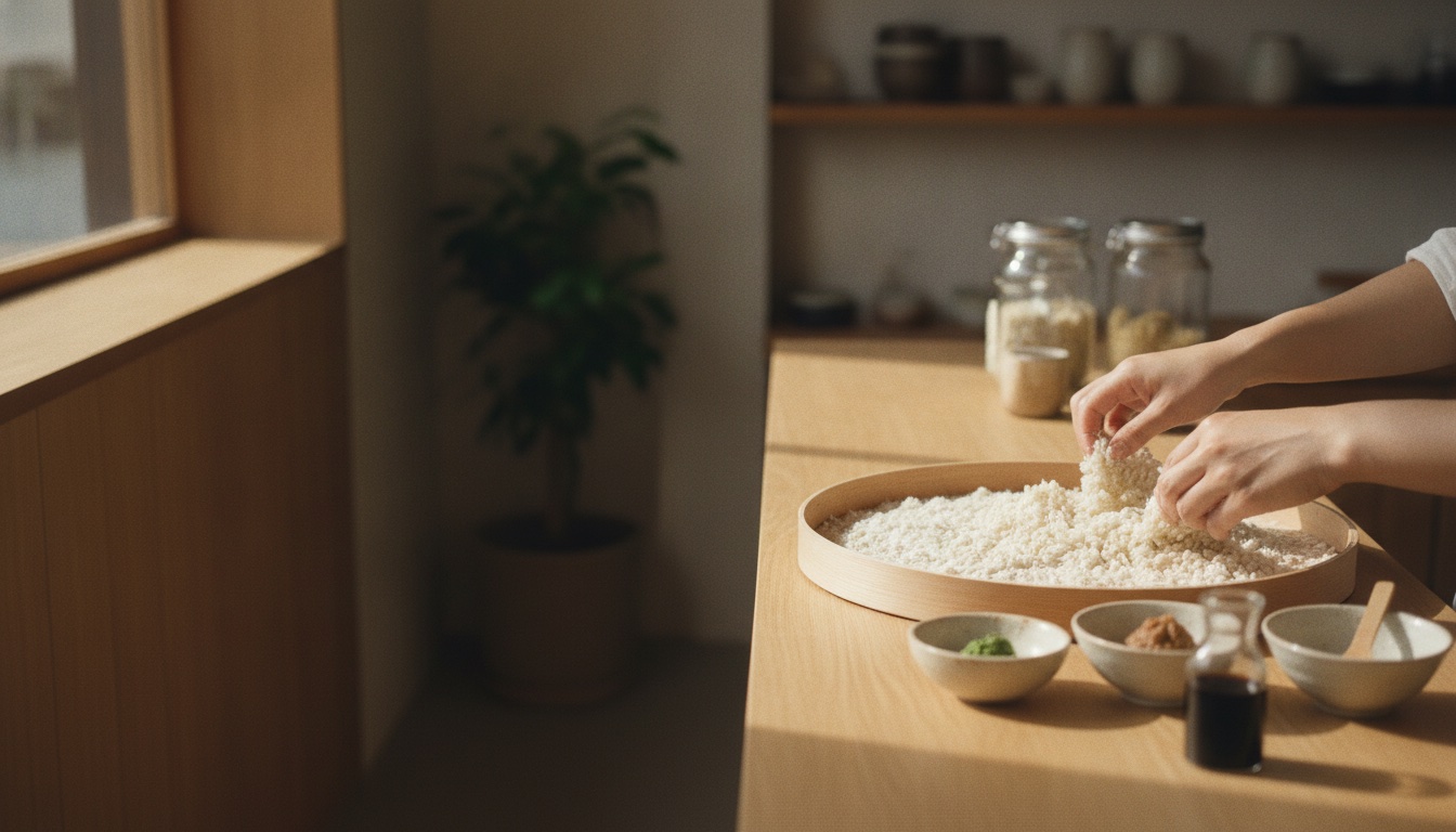 Hands working with rice koji in a bright Kyoto fermentation workshop