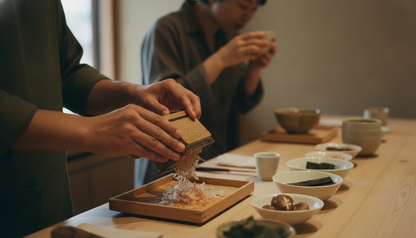 Clear dashi, bonito flakes, and a quiet Kyoto cooking counter prepared for a washoku lesson