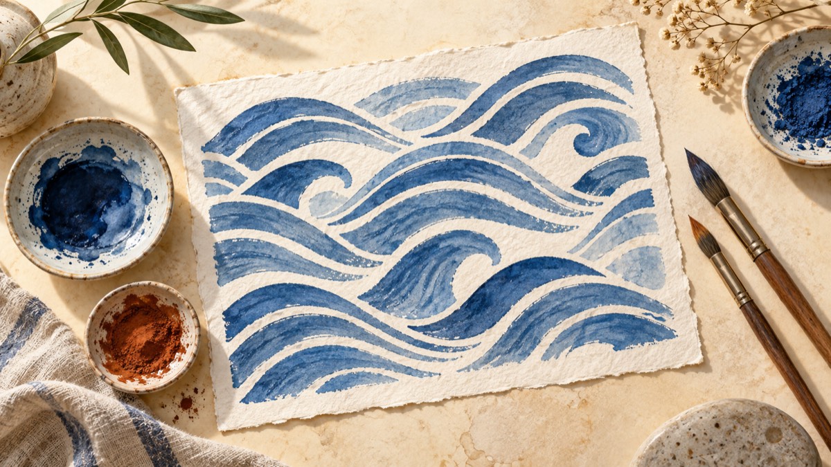Illustrative wave stencil on washi with brushes and pigment dishes
