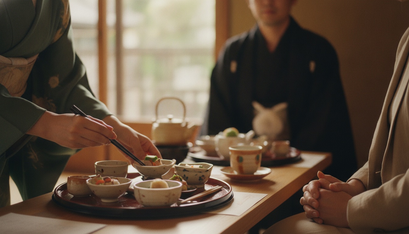 Refined Kyoto dining table set for a private geisha evening in an ochaya